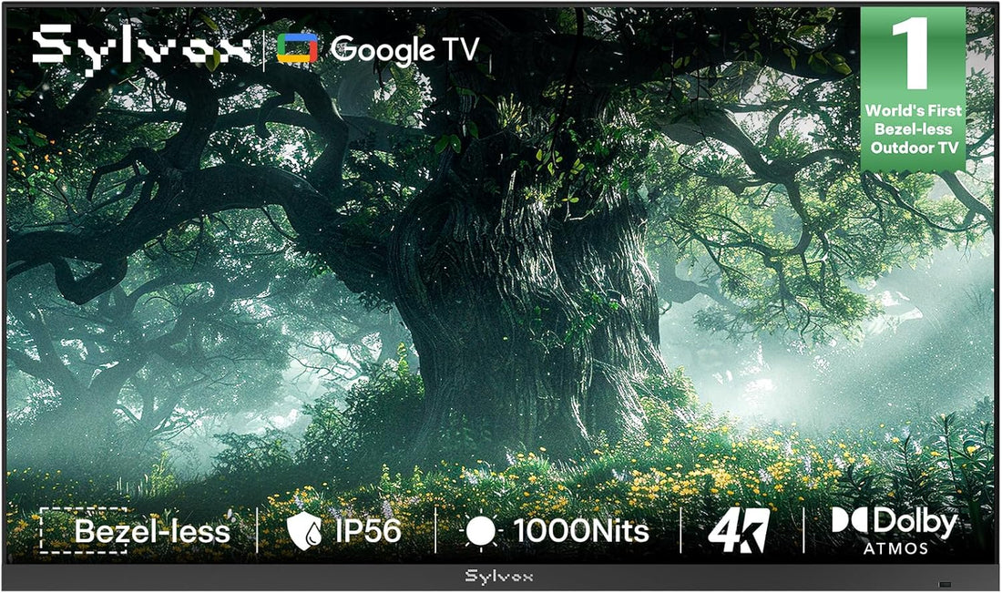 65 Inch Outdoor TV, Ultra-Narrow Bezel, 4K Smart Google TV, 1000 Nits Partial Sun, IP56 Waterproof, Dual Speakers, All-Weather Metal Chassis for Patio, Deck, Backyard (Frameless Series)