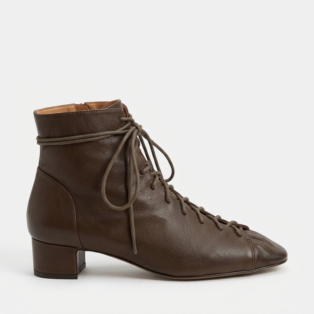 Luxury Women's Sheepskin Lace-Up Ankle Boots – 4cm Mid-Heel Autumn Booties
