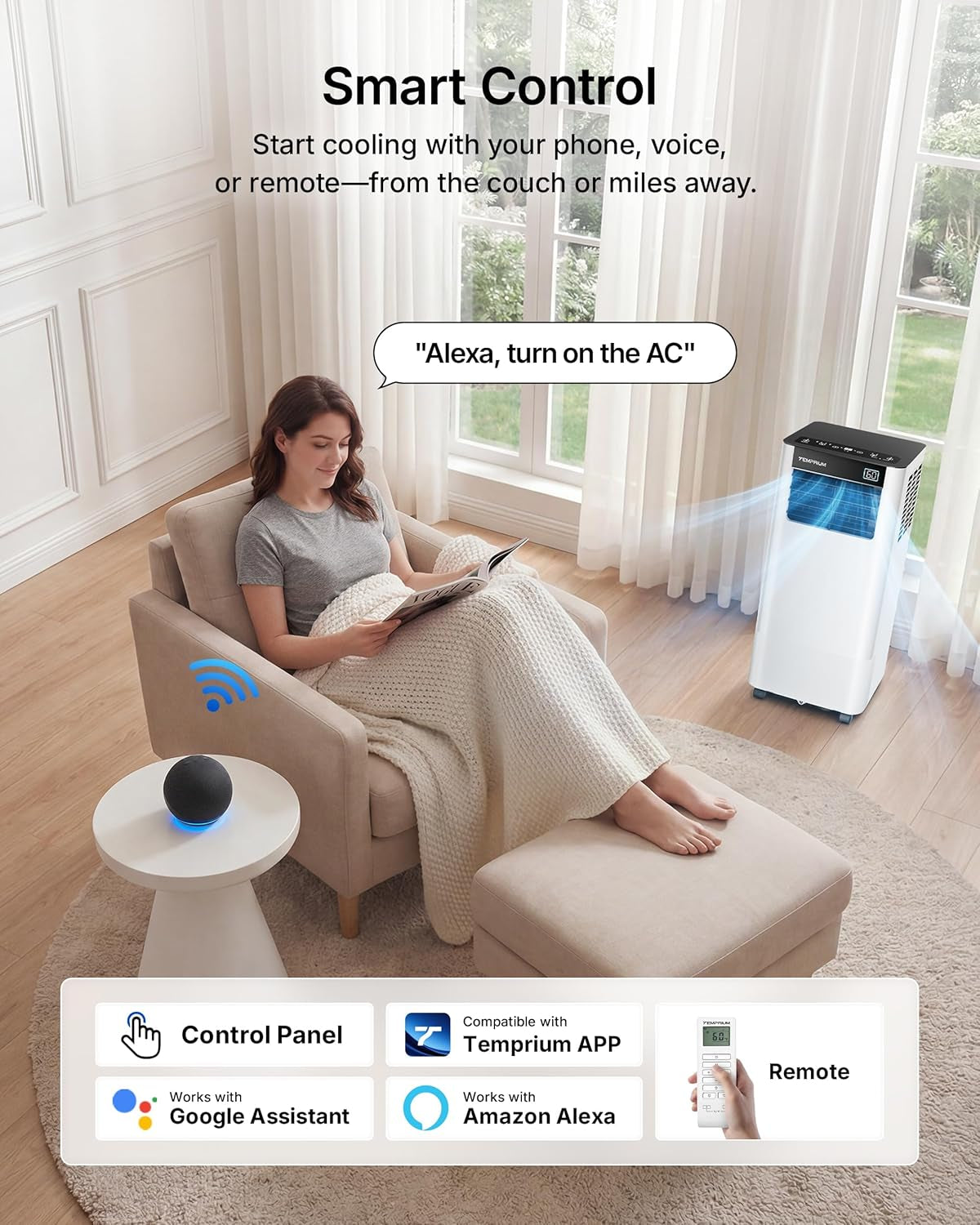 10,000 BTU Portable Air Conditioner, Smart AC Unit for Rooms up to 450 Sq.Ft, 3-In-1 with Cool, Dry & Fan Modes, App/Voice/Remote Control, 24H Timer, 50Db Quiet Operation, Self-Evaporating