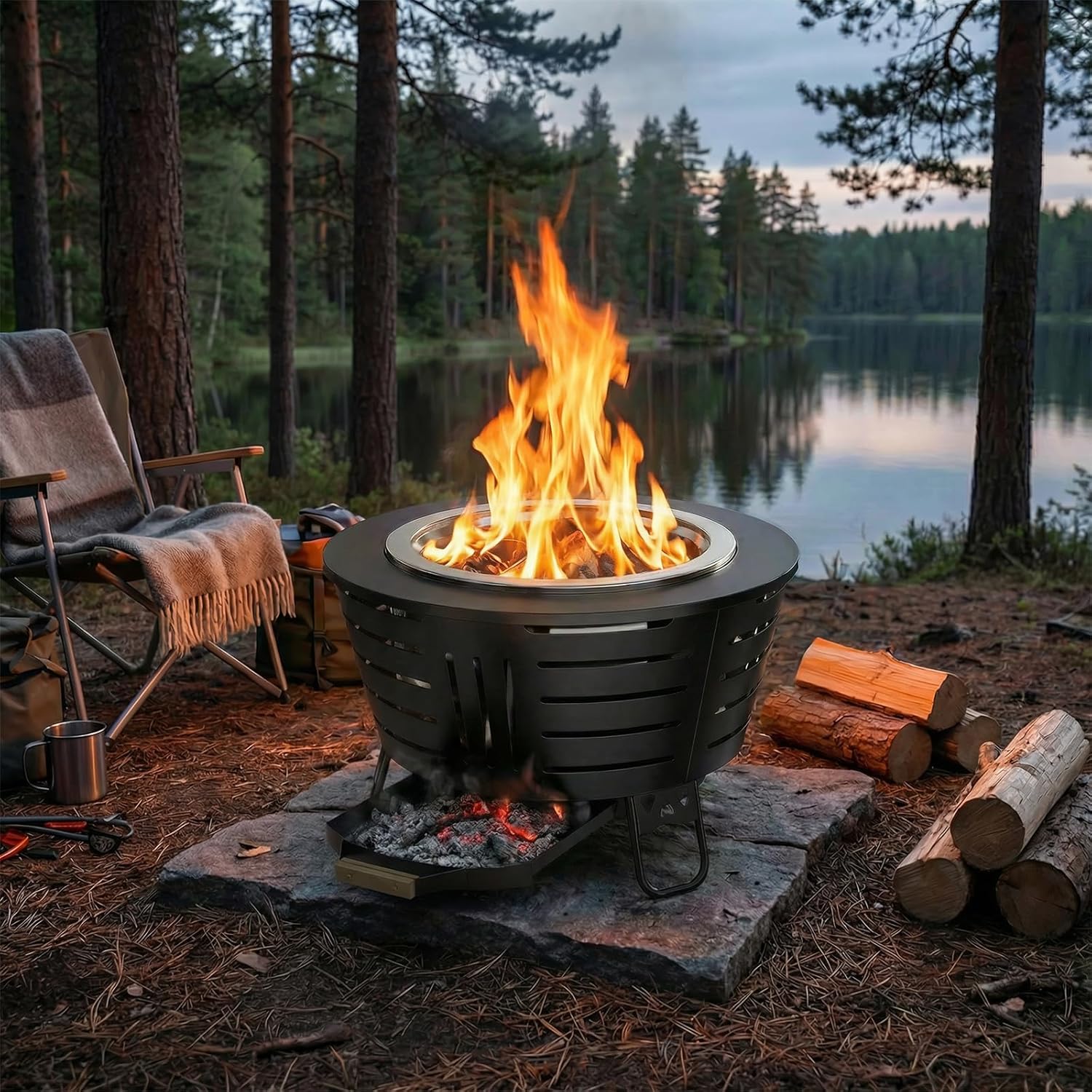 New Outdoor/Indoor 26-Inch Smokeless Fire Pit – Stainless Steel Outdoor Wood Burning Fire Pit