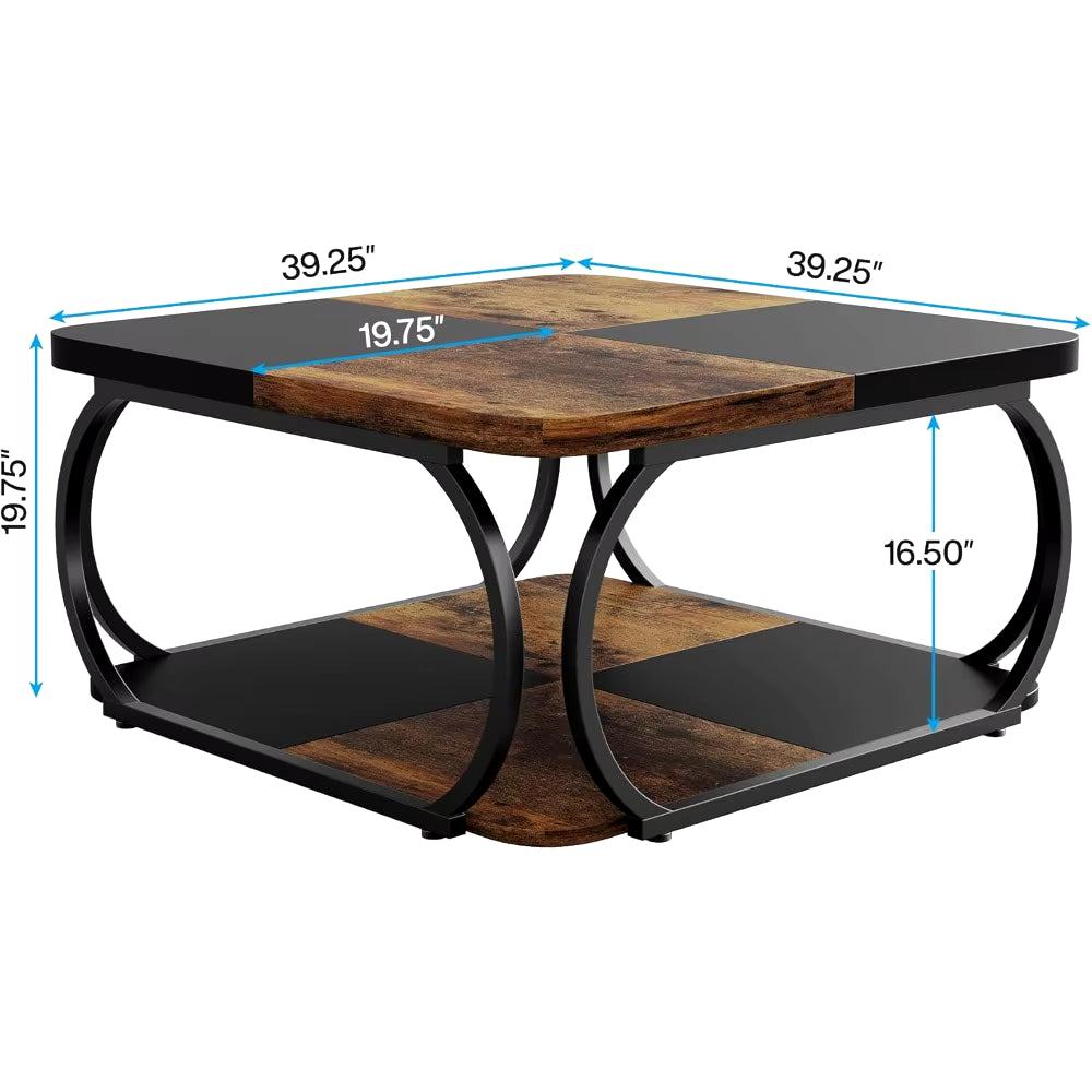 Square Coffee Table with 2 Tiers, 40 Inches Low Farmhouse Coffee Table with Wood Storage Shelf Heavy Duty Metal Curved Frame