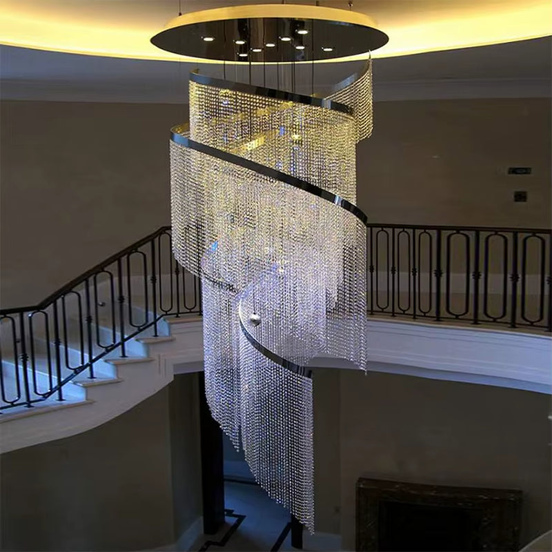 Custom Project Decorative Long Hotel Light Villa Modern Luxury Led Ceiling Crystal Staircase Chandelier