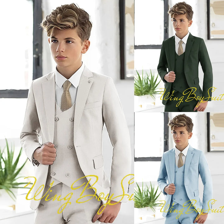 New Stylish Ivory Boys Suit 3 Piece Jacket Pants Vest Formal Slim Design Blazer for Kids Wedding Tuxedo Business Clothing