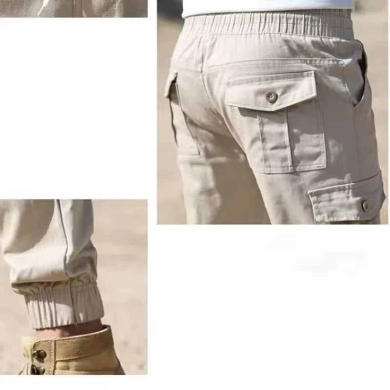 Drawstring Spring Autumn Men'S Clothing Solid Color Elastic High Waisted Pockets Casual Retro Bloomers Trousers Cargo Pants