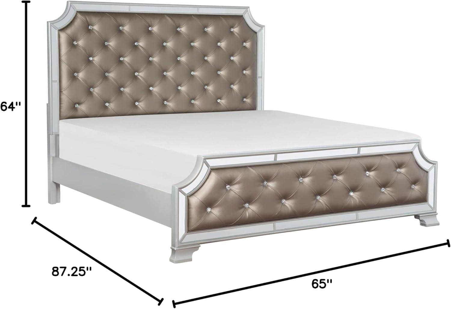 Modern Mirror Bed Frame Crystal Button-Tufted Headboard & Footboard