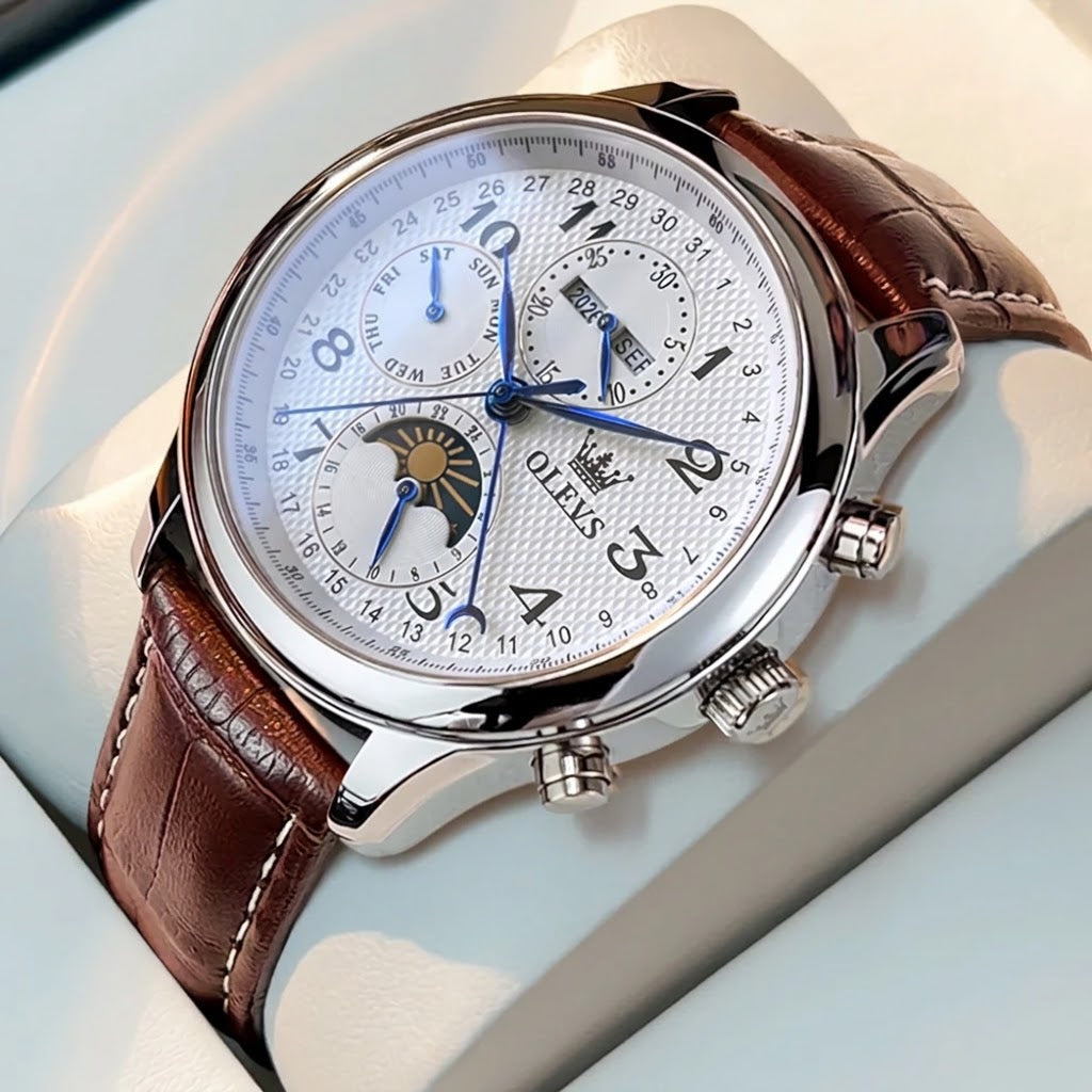 Men's Luxury Automatic Moon Phase Watch – Seven-Hand Mechanical Dress Watch