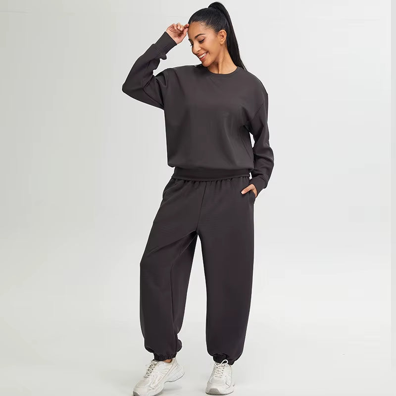 Fusion Quality Yoga Set Women Long Sleeve O Neck Hoodie and High Waist Sweatpants Running Suit