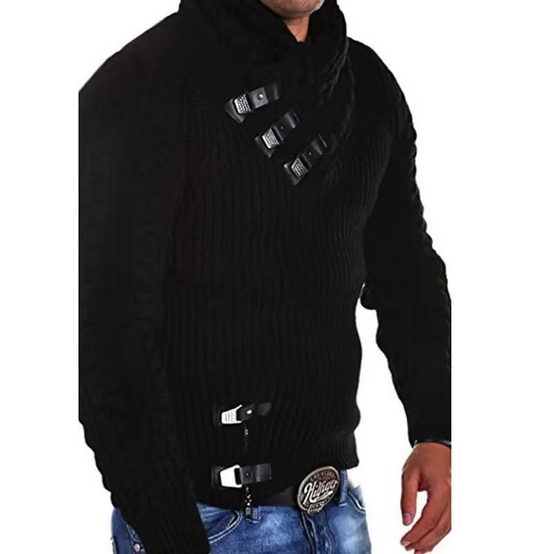 Europe and the United States New Men'S Sweater Long-Sleeved Leather Buckle Knitted Sweater Top Pullover Sweater Men'S Clothing