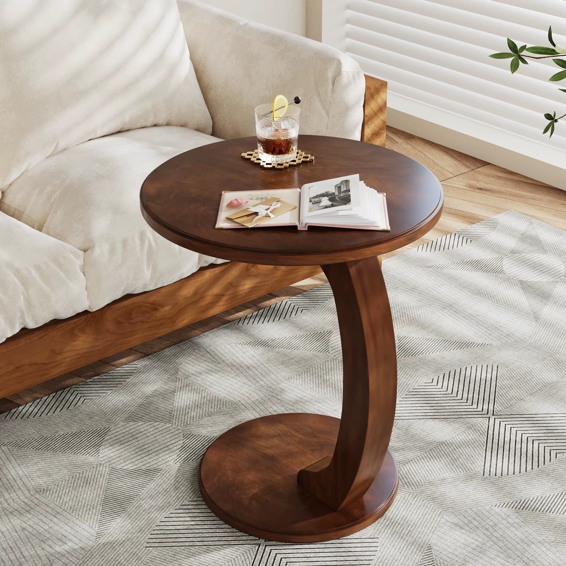 Round End Wood C-Shaped Side Table Modern Home
