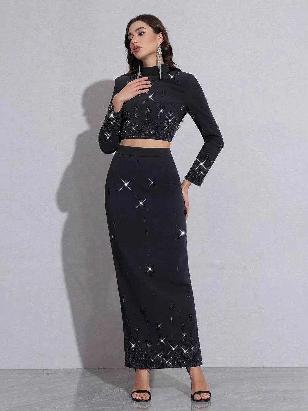 New Two Piece Set for Women High Waist Slim Long Skirt Dress