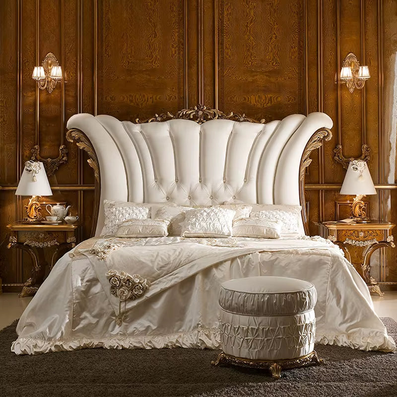 Luxury French Royal White Velvet Fabric King-Size Antique Bed 