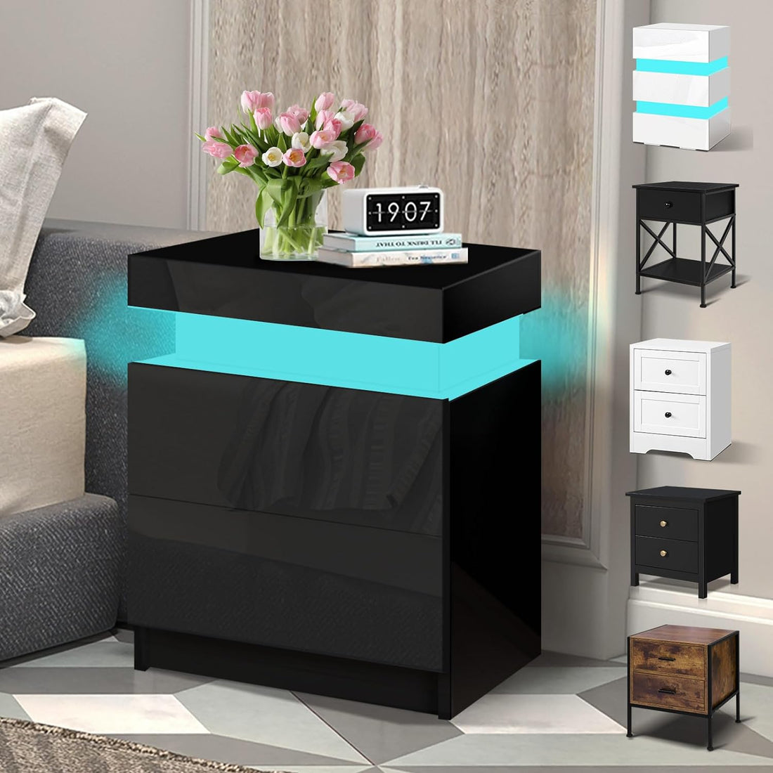 Regal Opulence Collection , 4 Sides High Gloss LED Bedside Cabinet with 16 Colours, Side Cabinet Nightstand Bedroom Living Room Furniture Black