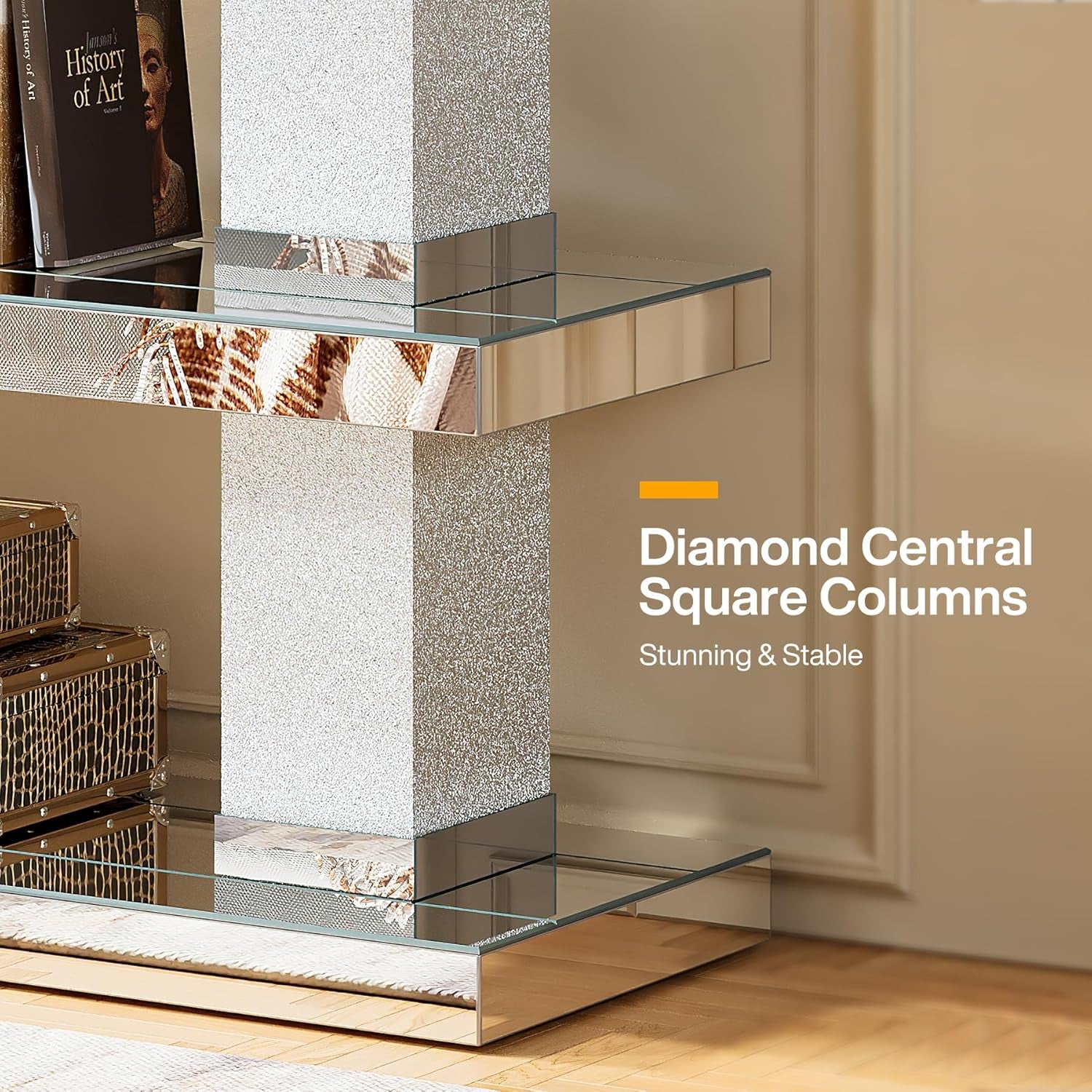 Mirrored Table, 46" Silver Entryway Table with 3-Tier Storage 