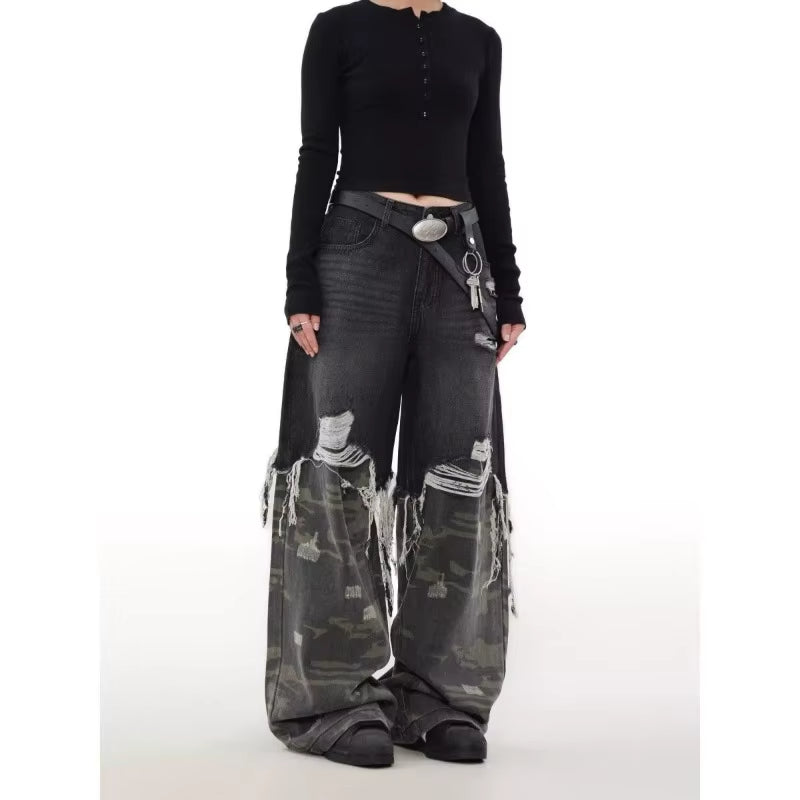 Mens Street Fashion Camouflage Patchwork Jeans