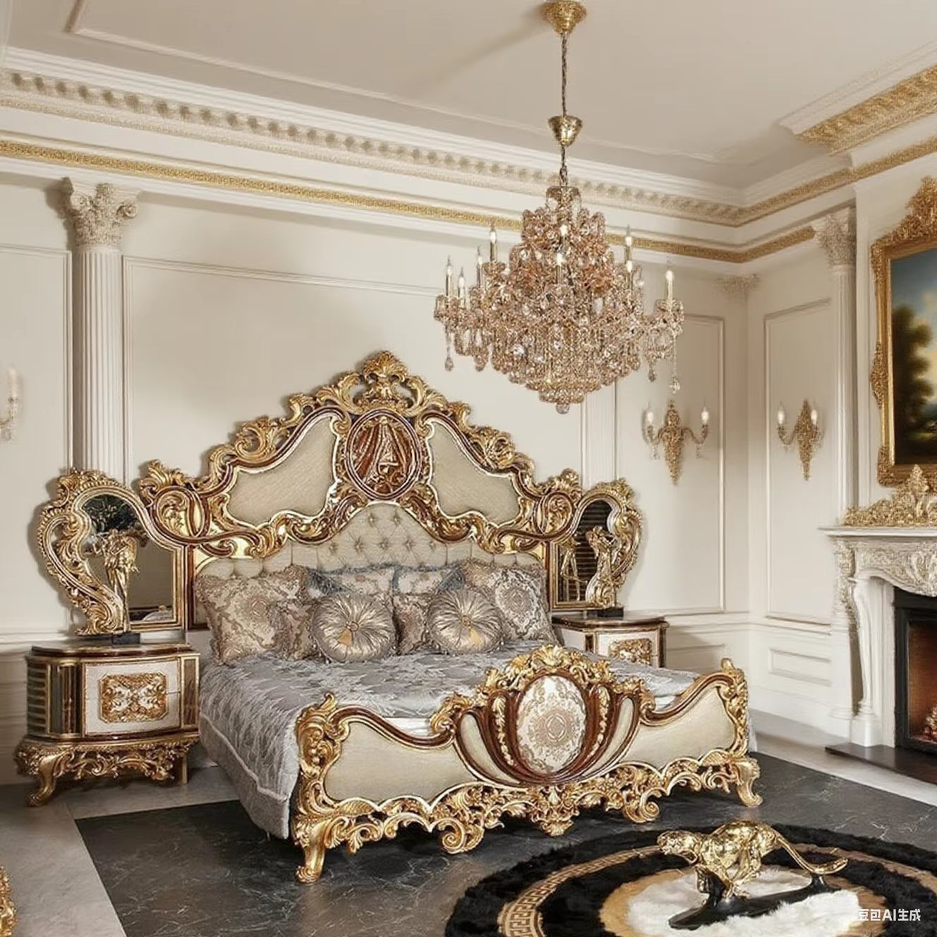 Premium Hand Carving Vintage Gold Wooden King Size Bed