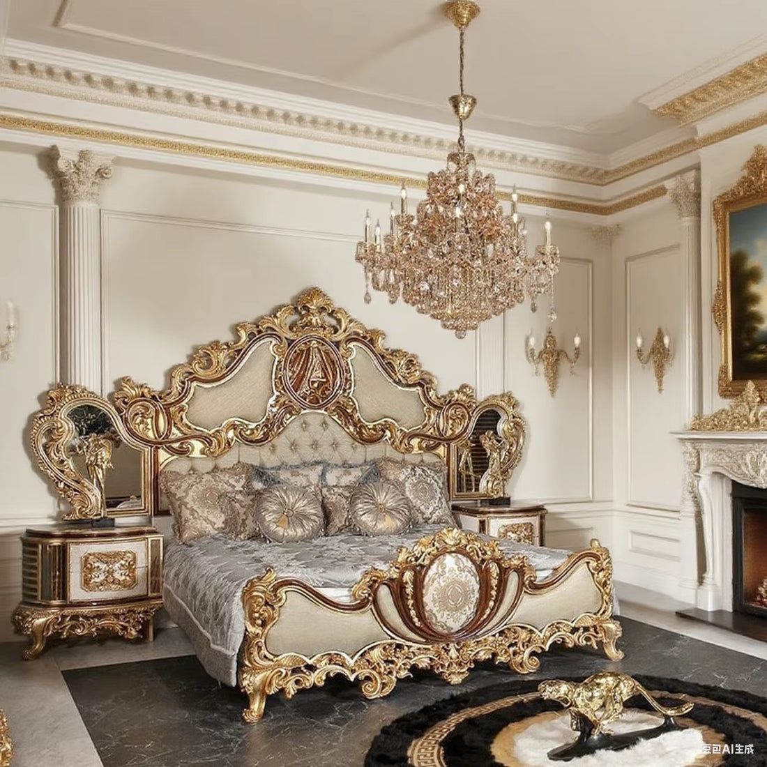 Premium Hand Carving Vintage Gold Wooden King Size Bed