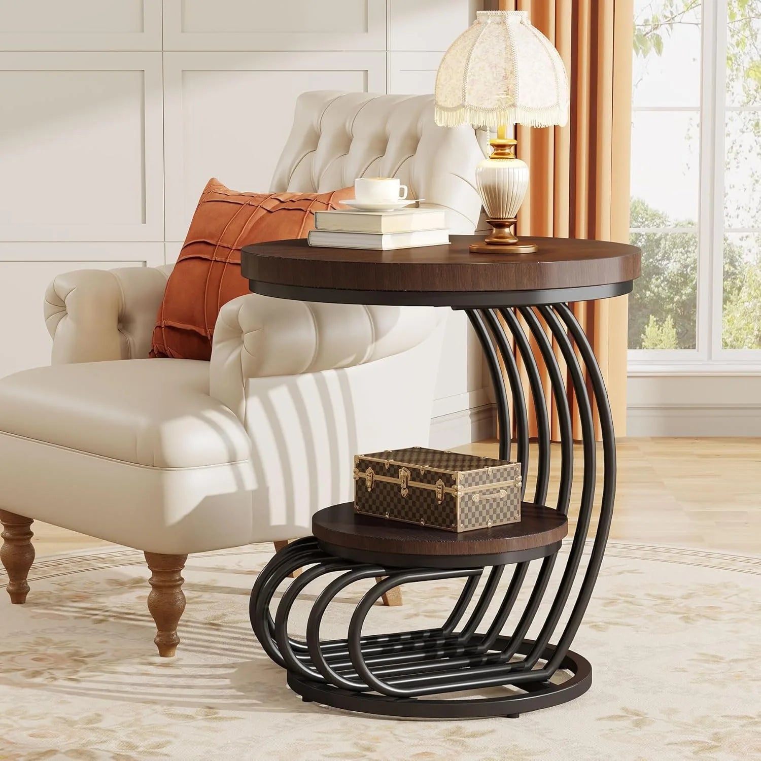 Arc-Shaped Side Table with 2 Tiers Storage Shelves