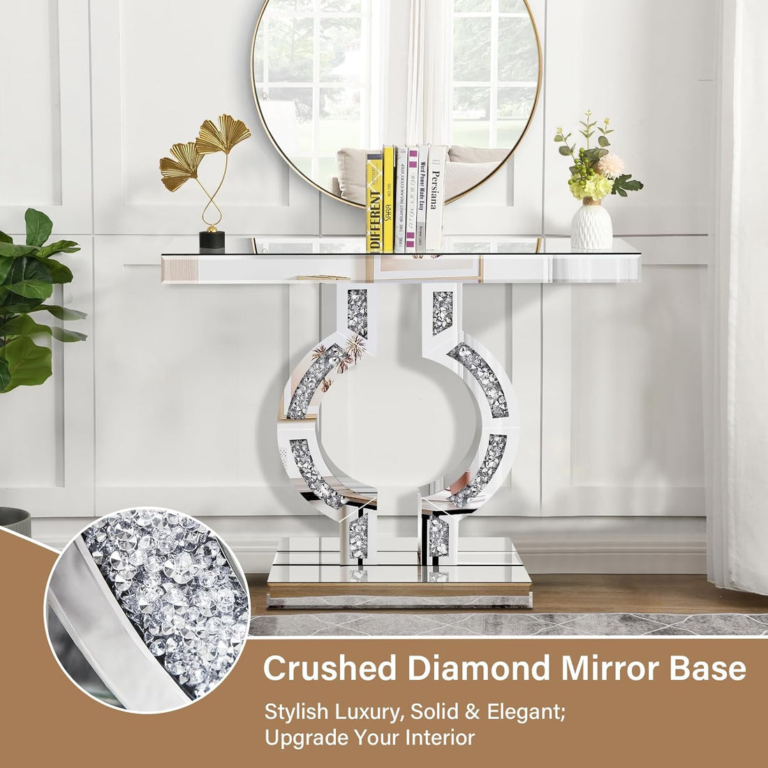 Luxury Silver Mirrored Table with Crushed Diamond Inlay, Home Living Room