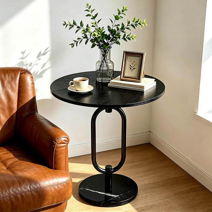 17In Black round Side Table Heavy Duty Modern End Table Stable Sofa Side Table with Marble Base Integrated Accent Coffee Table Nightstand for Living Room Bedroom Backyard