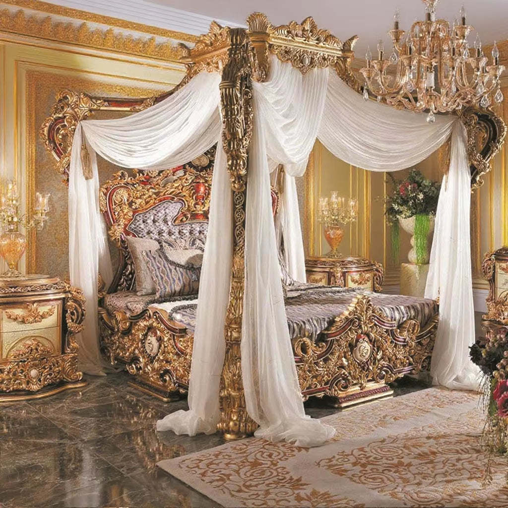 Luxury French Wood Carved Bed Royal King Size Bed