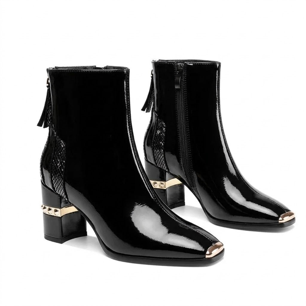 Women's Glossy Patent Leather Ankle Boots – Cashmere Lined Square-Toe Winter Heels