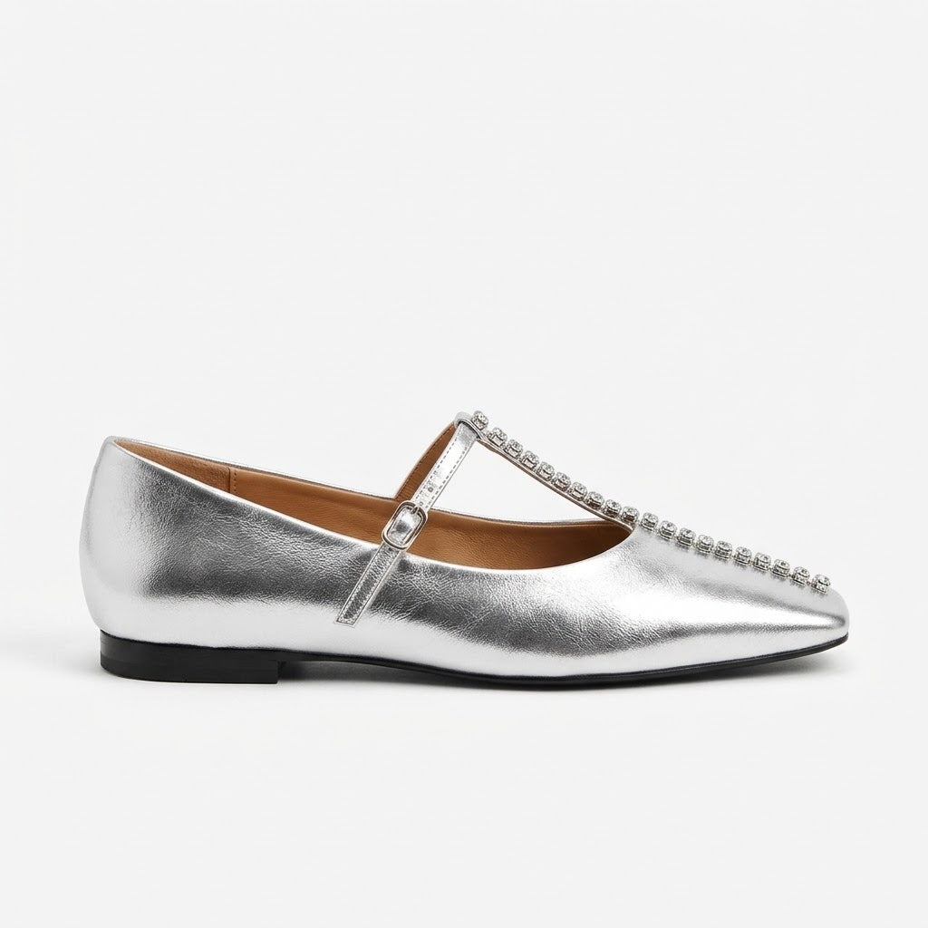 Luxury Women's Genuine Cow Leather T-Strap Flats with Crystal Embellishments