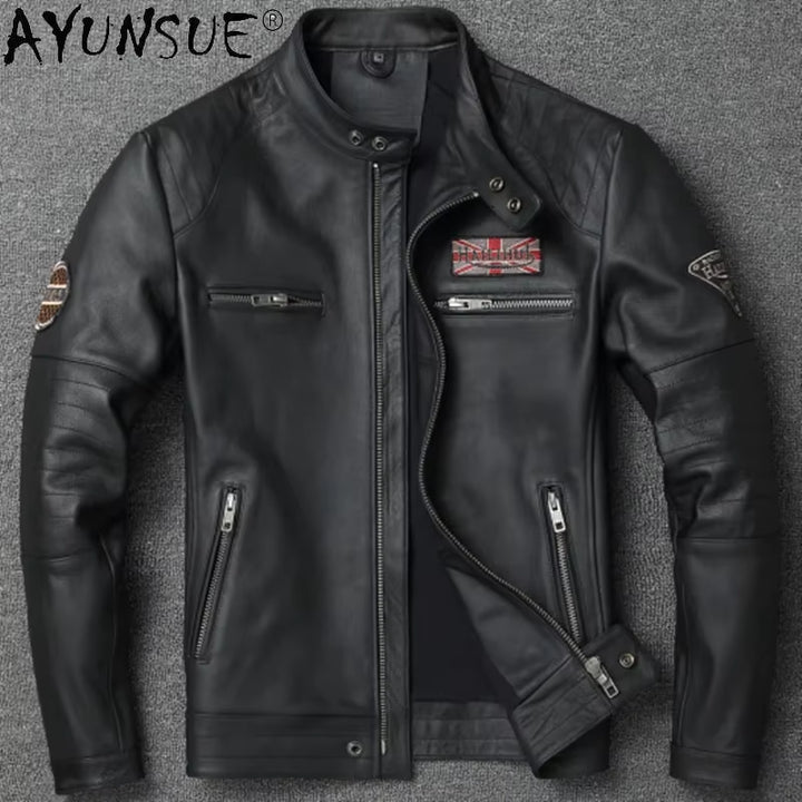 Genuine Leather Jacket Men Vintage Natural Cowskin Coat Spring Autumn Harley Motorcycle Leather Retro Chaquetas Hombre