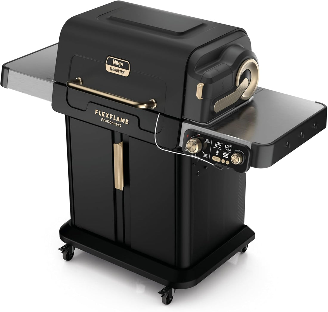 Flexflame Proconnect Grill & Smoker | 5-In-1 Smart Cooking System | Electric & Propane | App-Connected | 3-Burner Digital Control | Roast, Griddle & Pizza Maker | Black/Gold | PG305