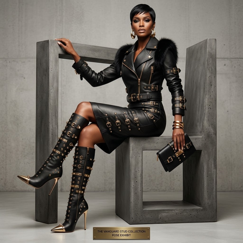 Women’s Black Knee-High Stiletto Boots with Metallic Rivets