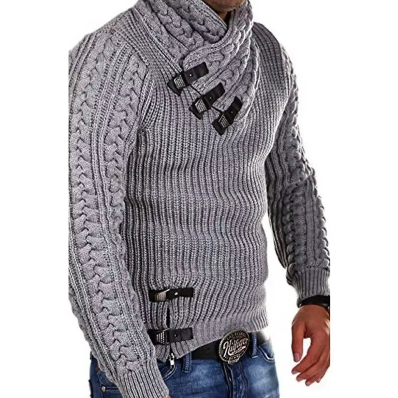 Europe and the United States New Men'S Sweater Long-Sleeved Leather Buckle Knitted Sweater Top Pullover Sweater Men'S Clothing