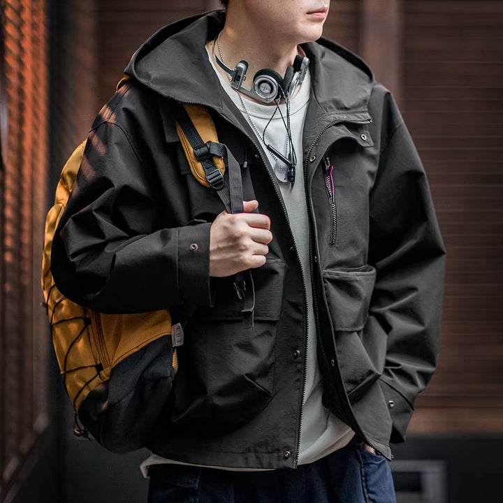 Casual Multi-Pocket Functional Hooded Jacket Black Loose Outdoor Sports Coat for Men'S Spring and Autumn Versatile Jacket