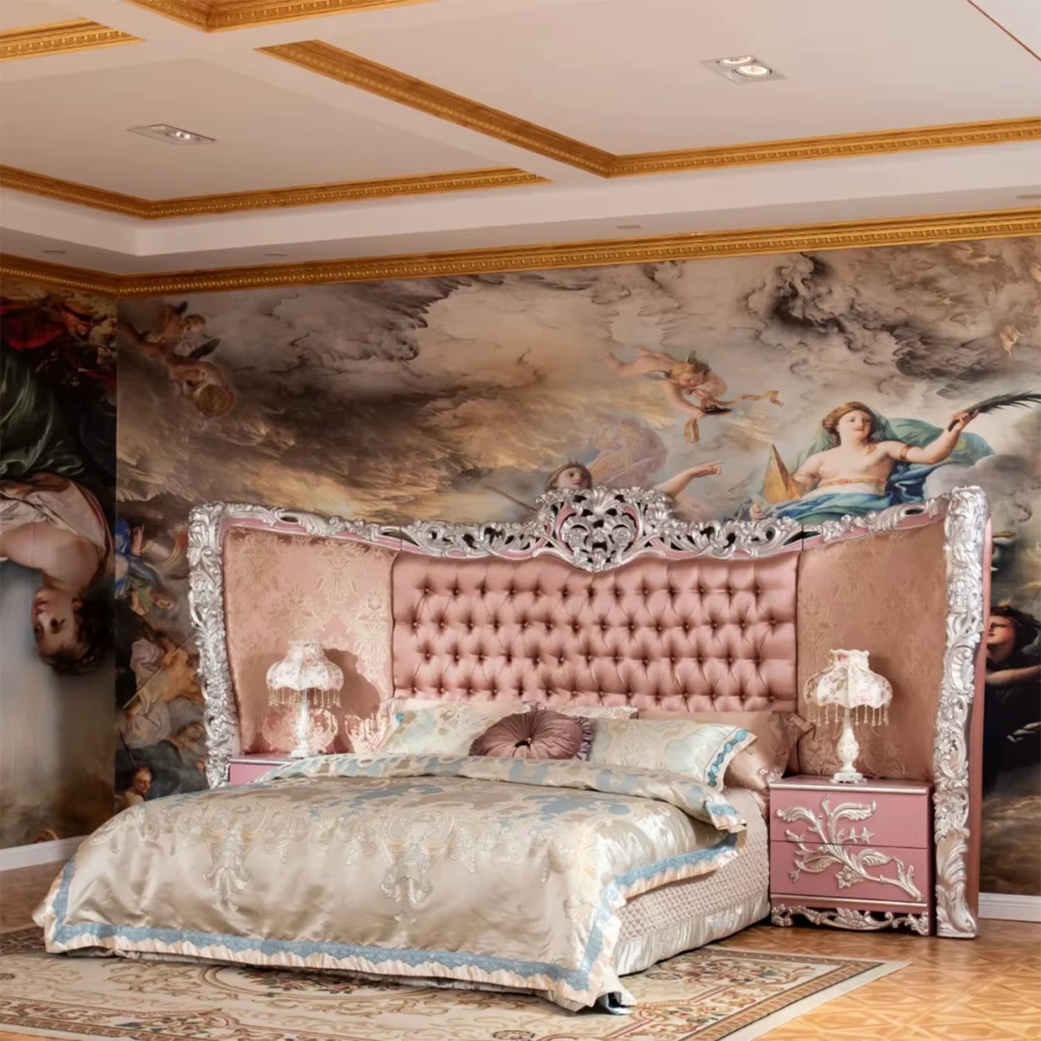 French Classic Hand Carved Silver Wood Bedroom Furniture Bed 