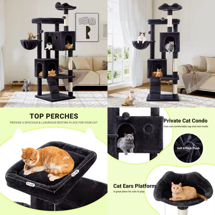 New 64"  Cat tree with Multi-Level Play Areas (Includes 2 Plush Beds, 2 Perches, Basket)