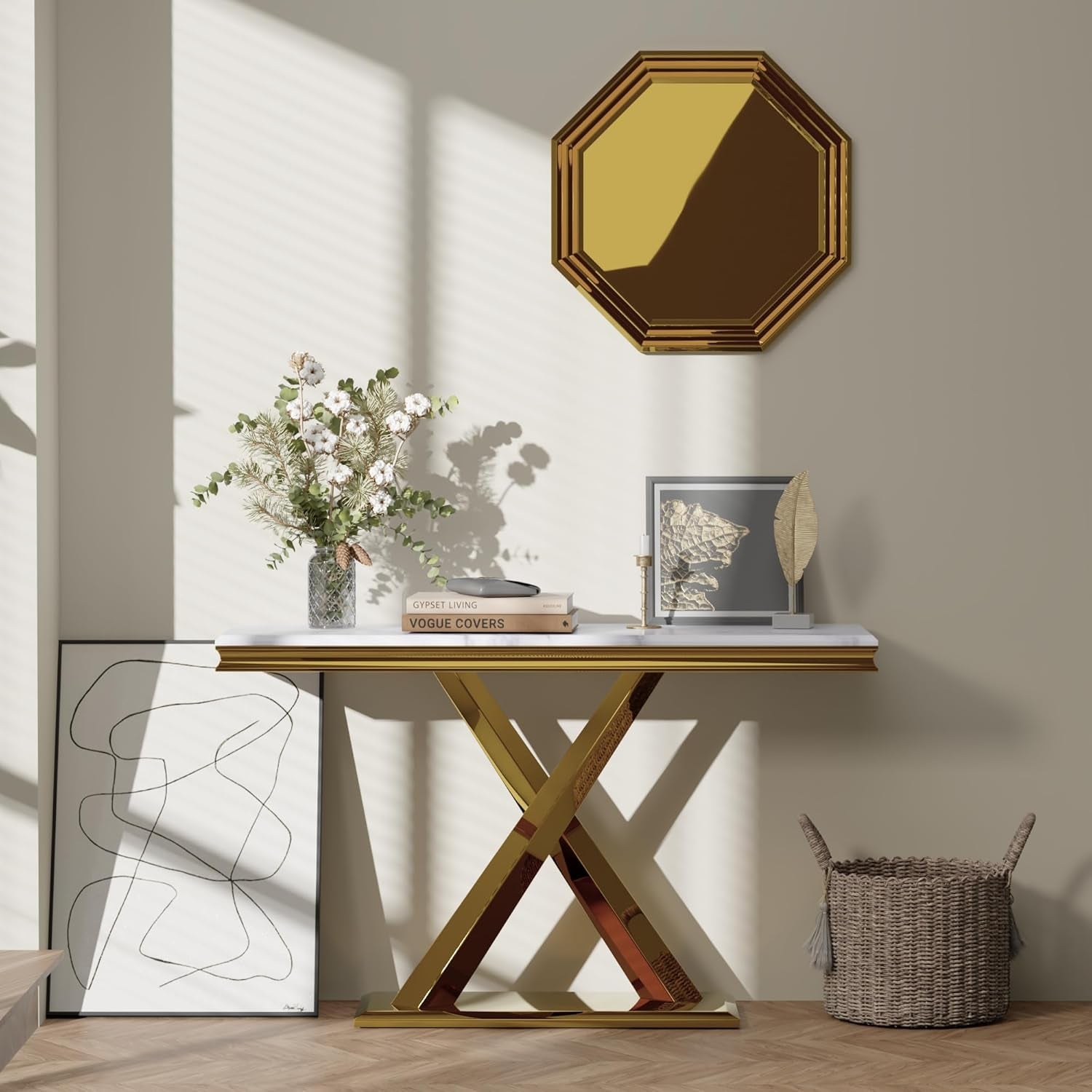 Gold Console Table, 50" Entryway Table with White Tabletop & Gold Polished X-Base, Luxury Sofa Table for Living Room, Hallway, Foyer
