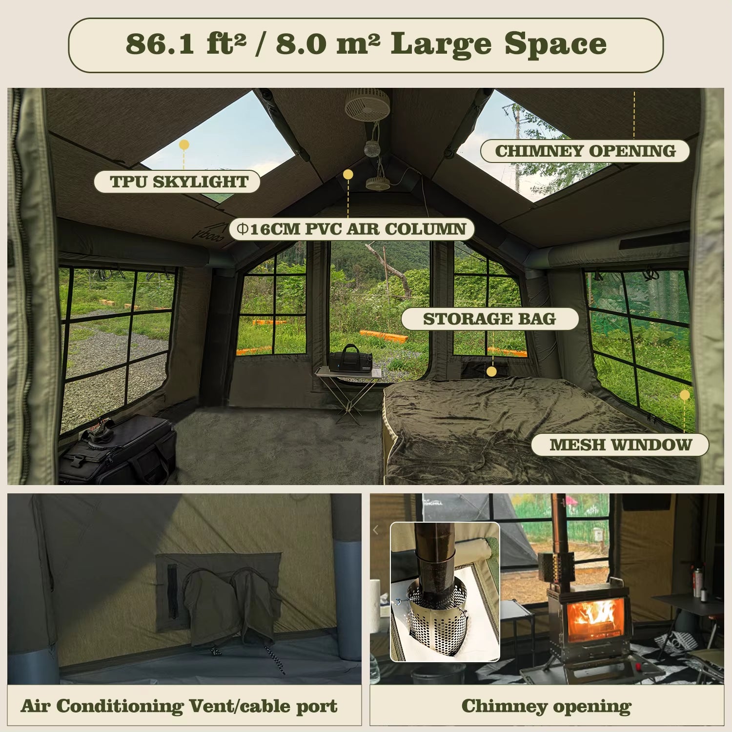 Coody 8.0 Air Tent-Army Green Cotton Fabric Family 3-6 Person Portable Luxury Durable Inflatable Outdoor Folding Portable Tent