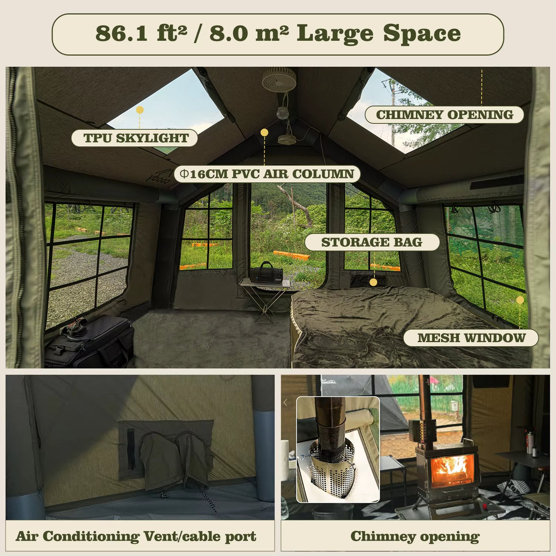 Coody 8.0 Air Tent-Army Green Cotton Fabric Family 3-6 Person Portable Luxury Durable Inflatable Outdoor Folding Portable Tent