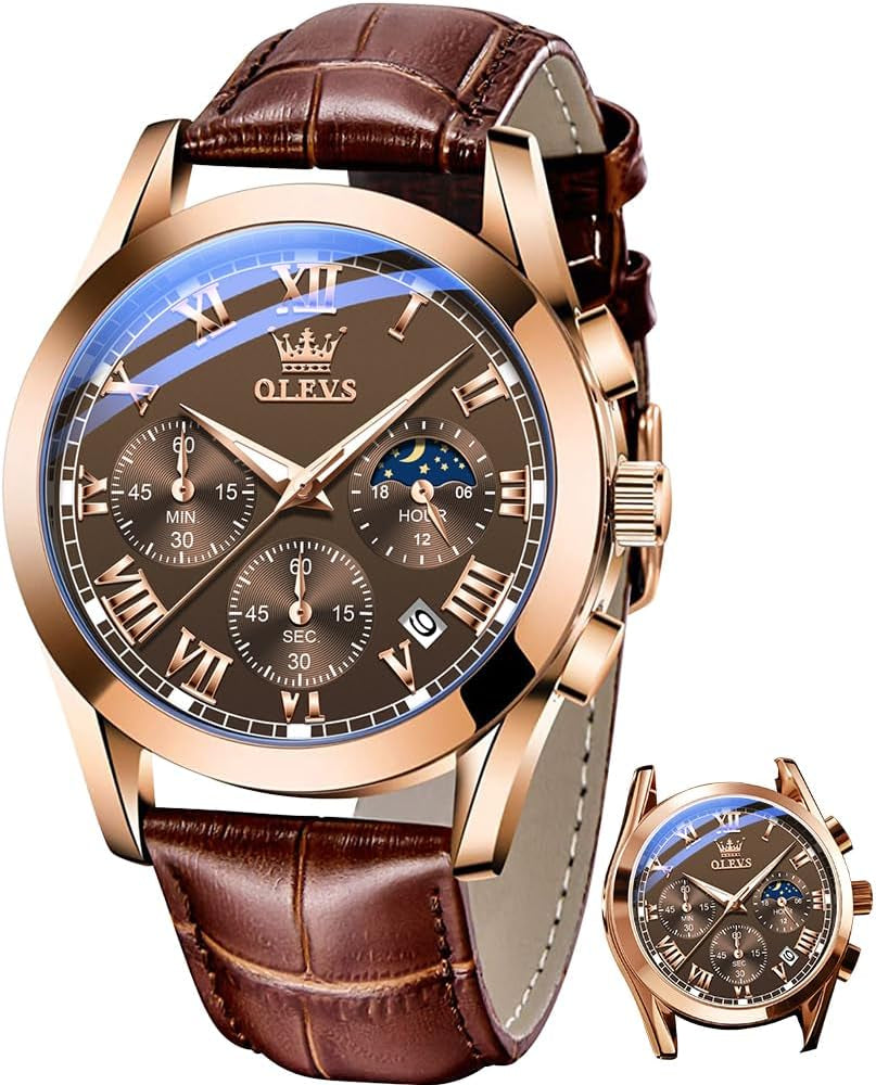 Mens Chronograph Brown Leather Watch Waterprood