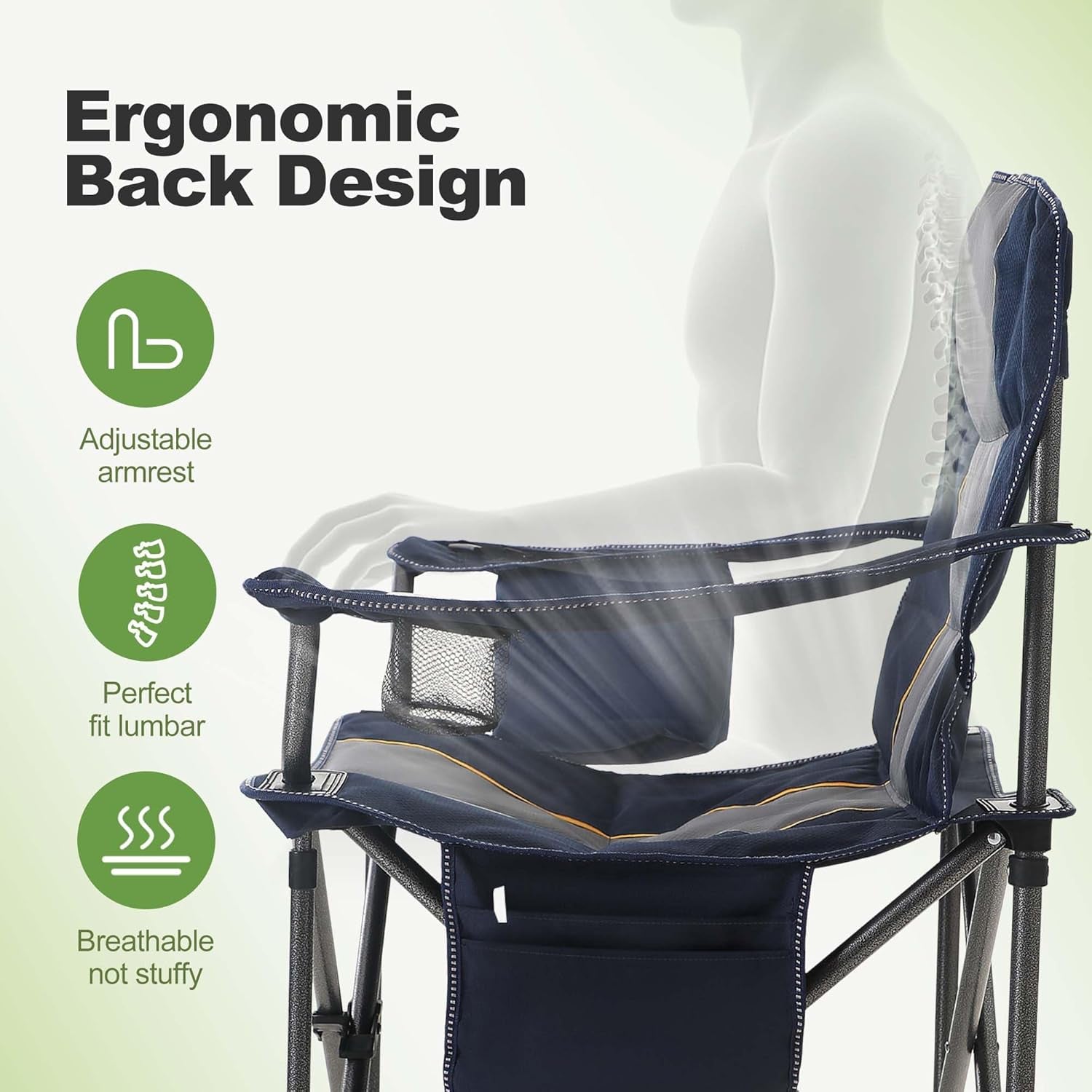 Folding Camping Chair Oversized Heavy Duty Padded Outdoor Chair with Cup Holder Storage and Cooler Bag, 450 LBS Weight Capacity, Thicken 600D Oxford,2 Pack