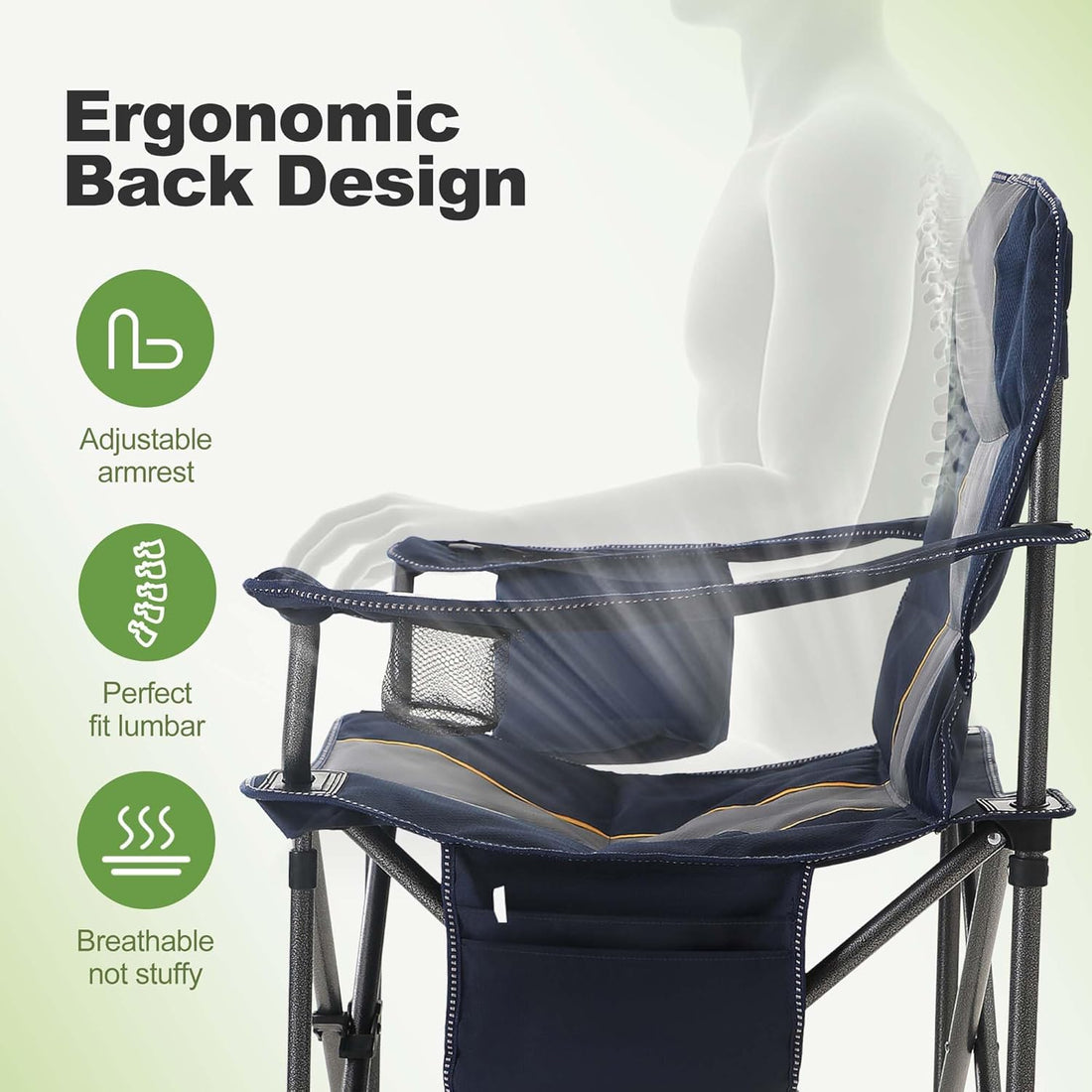 Folding Camping Chair Oversized Heavy Duty Padded Outdoor Chair with Cup Holder Storage and Cooler Bag, 450 LBS Weight Capacity, Thicken 600D Oxford,2 Pack