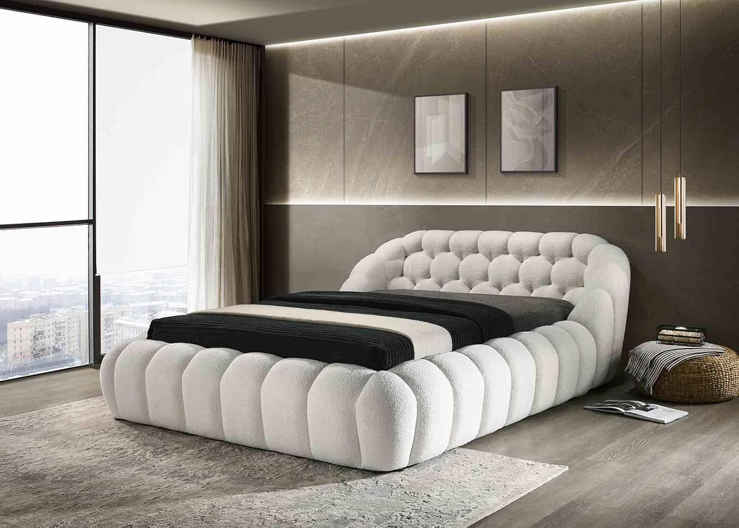 Modern Chenille Luxury Bed Frame Curved Shaped king Size Bed