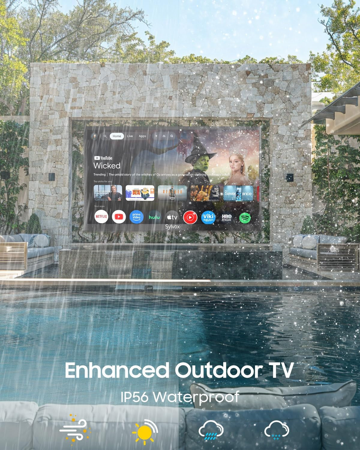 Outdoor TV, 55-Inch Waterproof Smart TV, 2000 Nits Full Sun TV, 4K, Dolby Atmos, HDR10, Weatherproof Television with Voice Assistant Remote (Pool Pro 2.0, Latest Model)