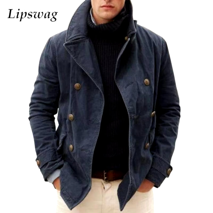 Stylish Button-Up Turn-Down Collar Mens Jacket Coat Streetwear Fall Winter Vintage Solid Color Loose Outerwear Men Fashion Coats