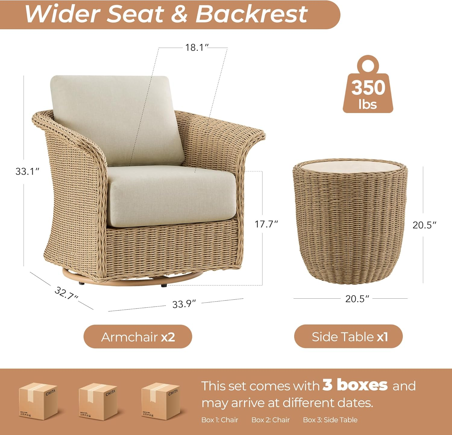 Modern Home 3-Piece Wicker Patio Bistro Set – Swivel Chairs with Cushions & Side Table