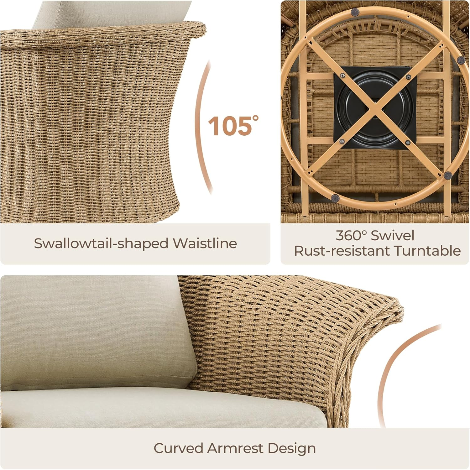 Modern Home 3-Piece Wicker Patio Bistro Set – Swivel Chairs with Cushions & Side Table