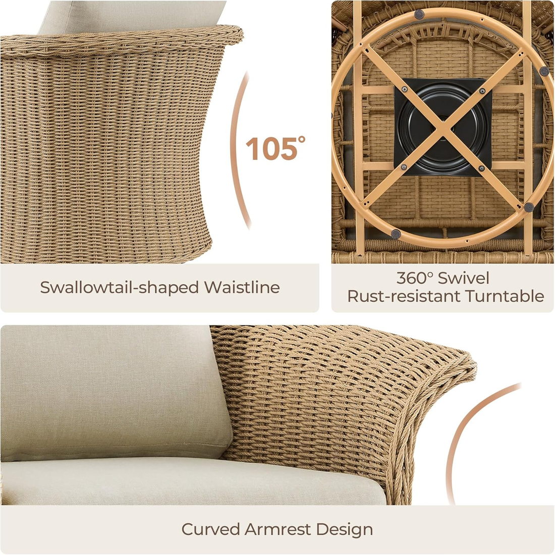 Modern Home 3-Piece Wicker Patio Bistro Set – Swivel Chairs with Cushions & Side Table
