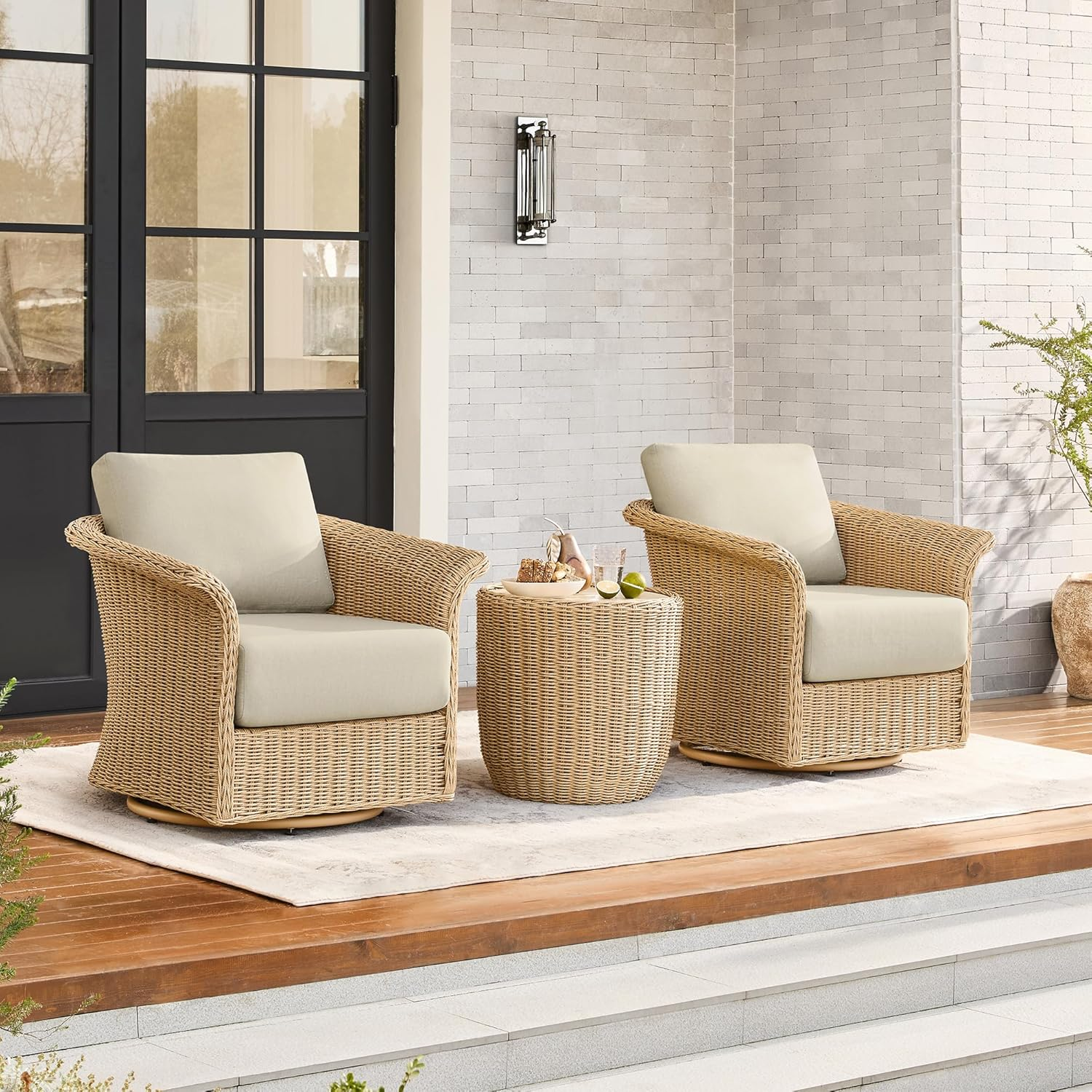 Modern Home 3-Piece Wicker Patio Bistro Set – Swivel Chairs with Cushions & Side Table