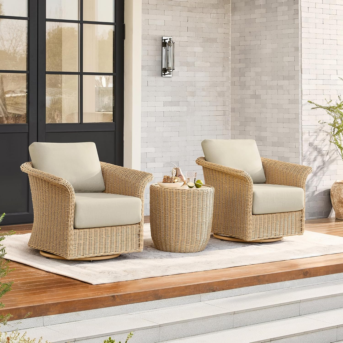 Modern Home 3-Piece Wicker Patio Bistro Set – Swivel Chairs with Cushions & Side Table