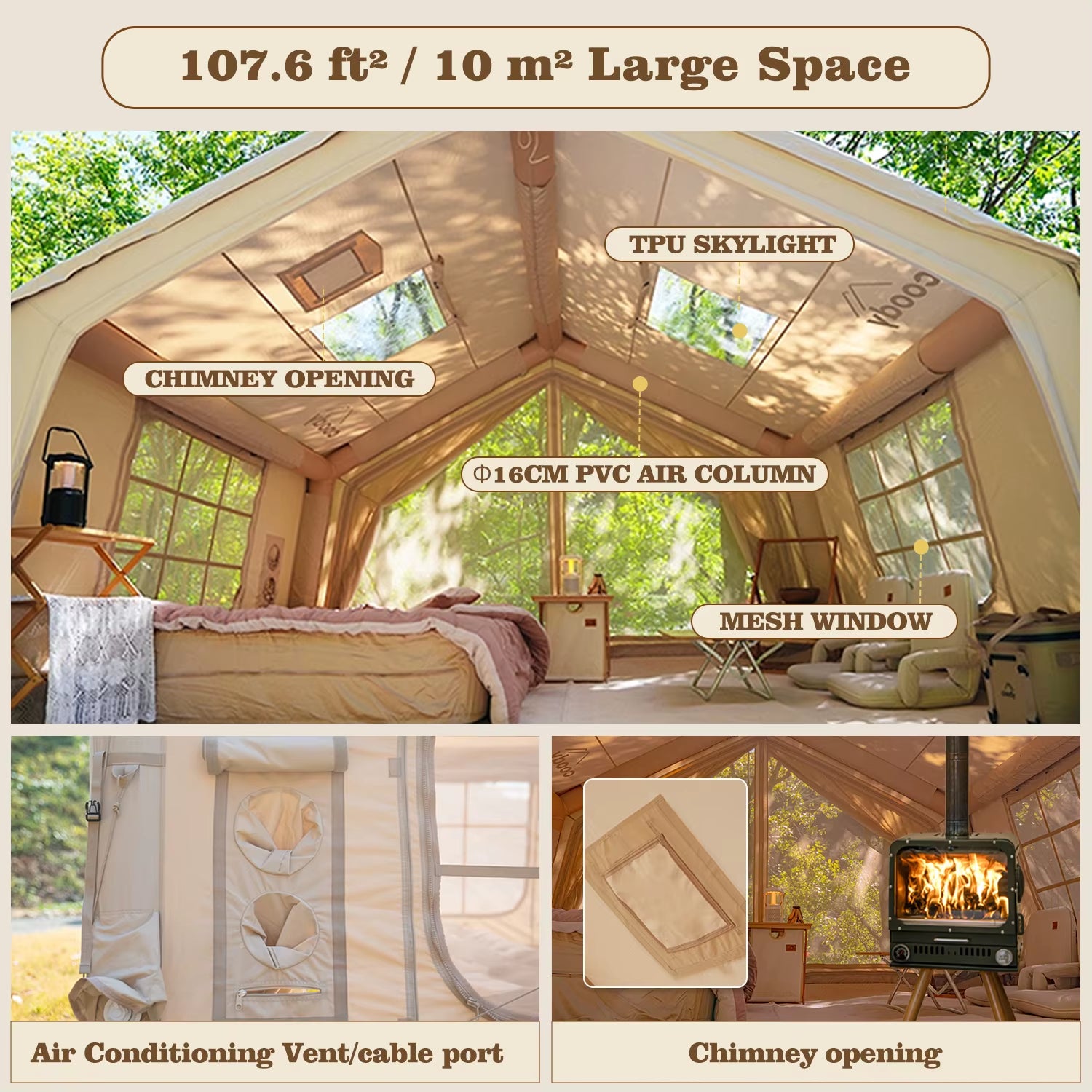 Coody 10.0 Air Tent-Beige Portable Family Inflatable Tent Manufacturer for Camping and Mountain Climbing