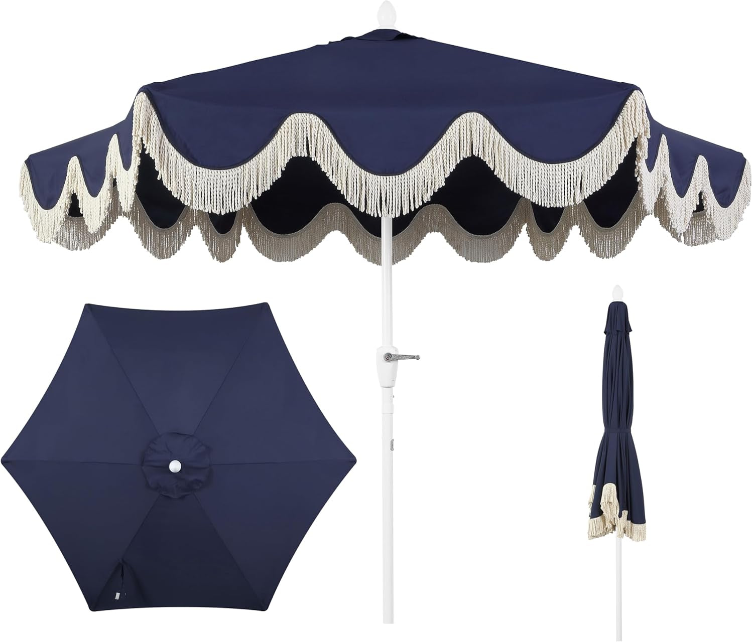 UMB1001 Collins 9 Ft. Classic Cottage Tassel Market Patio Umbrella with Auto-Tilt, Crank, Wind Vent and UV Protection