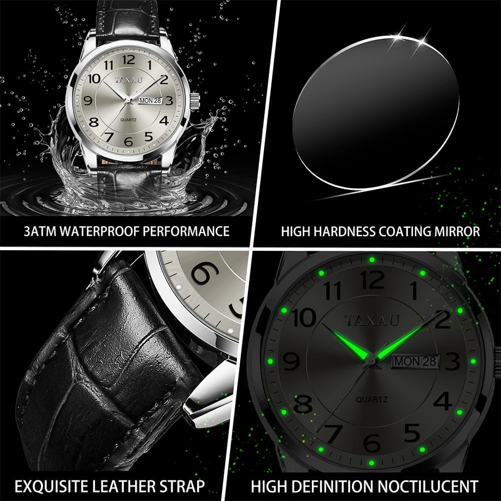 Watches for Men Luxury Analog Waterproof Classic Leather Large Face Simple Easy Read Quartz Minimalist Dress Day Date Quartz Mens Watches